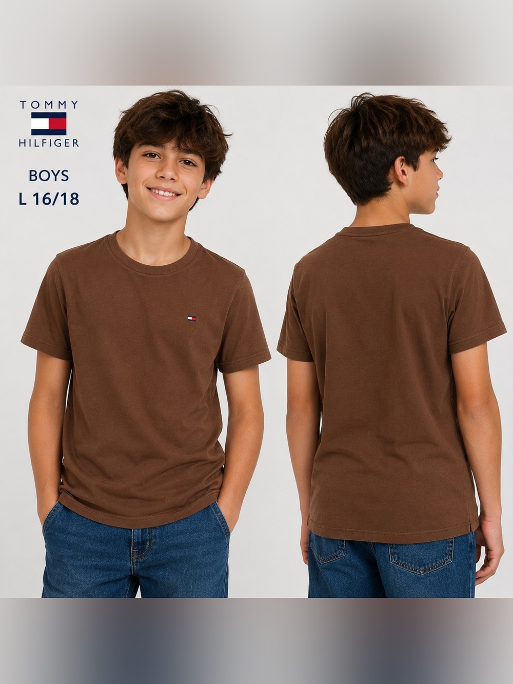 Tommy Hilfiger Boys Brown Logo T-Shirt Size L 16/18 casual everyday wear preppy